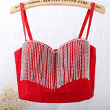 Crop Top With Built In Bra Short Sexy Beading Tassel Rhinestones Tops Push Up Bralette Solid Nightclub Camis