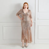 Plus Size Women Sexy V-Neck Party Maxi Dress Half Sleeve Prom Gold Sequin Ruffles Evening Dress