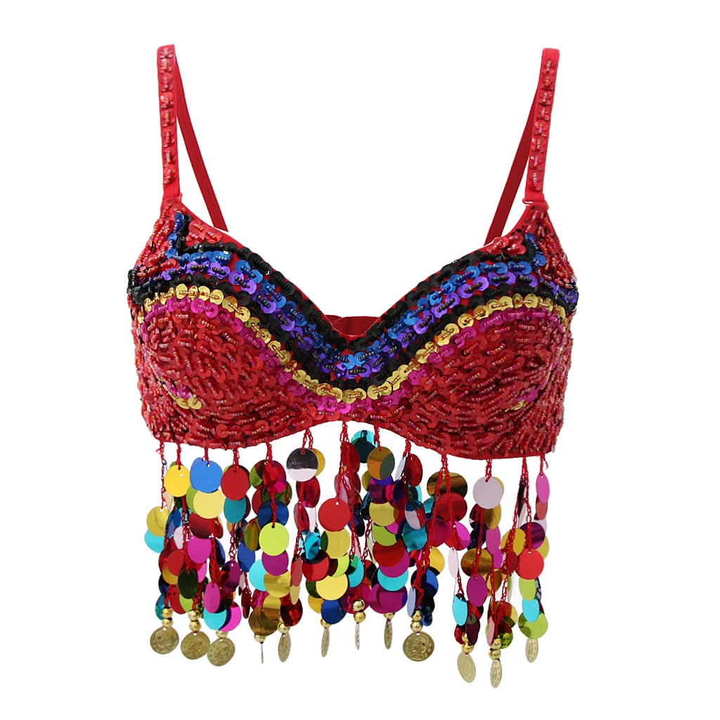 Glitter Tribal Belly Dance Colorful Rainbow Sequin Coins Tassel Crop Party Club Tank Top Festival Ravewear