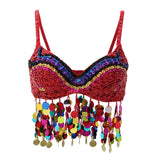 Glitter Tribal Belly Dance Colorful Rainbow Sequin Coins Tassel Crop Party Club Tank Top Festival Ravewear