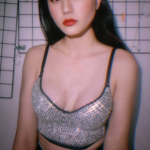 Rhinestone Sexy Top Nightclub Shines Crop Top Women Off Shoulder Camis Tops With Built In Bra Push Up Bralette