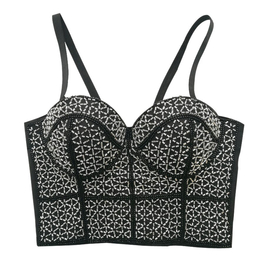 Crop Tops Beads Women Sexy Nightclub Party Corset Off Shoulder Push Up Bustier Cami Built in Bra Lingerie