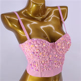 Crop Top With Built In Bra Acrylic Pink Shine Nightclub Sexy Women Top With Cups Push Up Bustier Corset Camis
