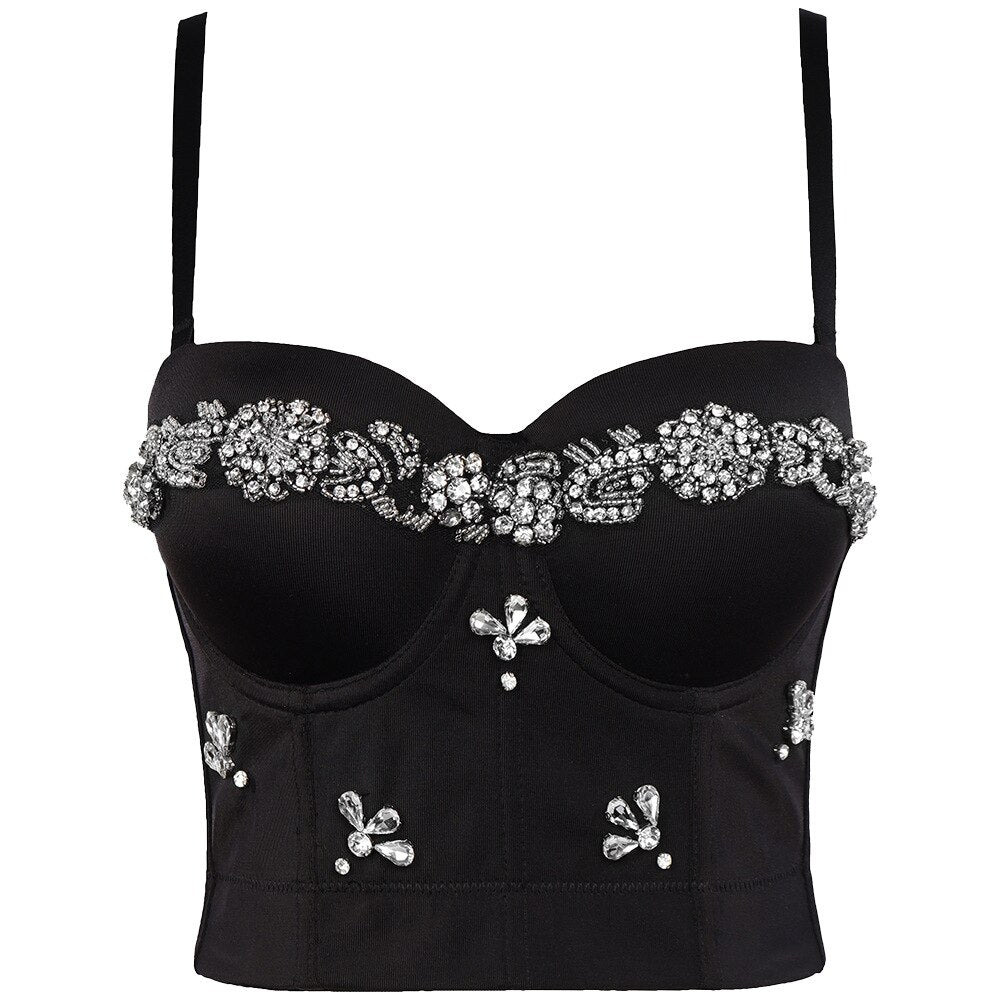 Christmas Rhinestone Sexy Corset Nightclub Party Slim Women Camis Built In Bra Cropped Push Up Breast Crop Top