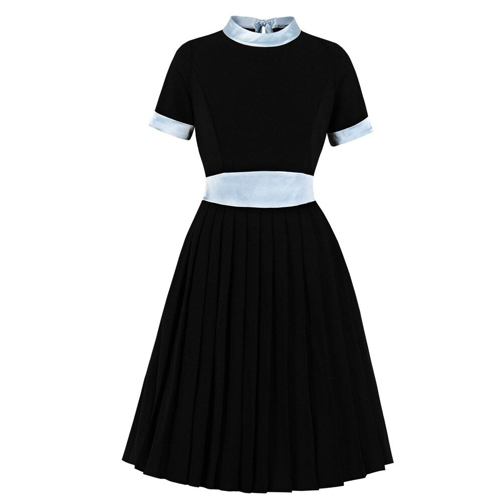 1950s Blue Black Women Patchwork Bowknot Collar Short Sleeve Robe Pin Up Elegant Vintage 50s 60s Retro Dresses