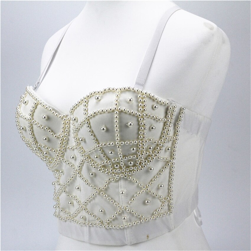 Crop Tops Spaghetti Strap Summer Top Off Shoulder Sexy Corset Beads Cami With Built In Bra Slim Clothes