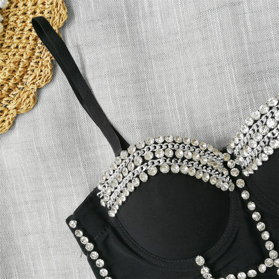 Corset Tops Women Off Shoulder Rhinestone Top Bright Beads Cropped Sling Crop Top With Cups Sexy Body Top Nightclub Bustiers
