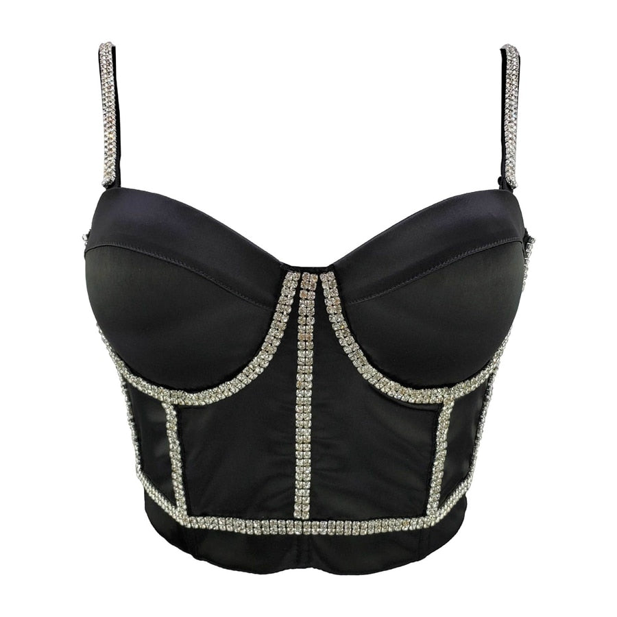 Camis Tops With Built In Bra Short Party Sleeveless Sexy Rhinestone Crop Top Women Harajuku Push Up Chest