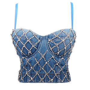 New Denim Rhinestone Sexy Women Top With Cups Push Up Camisole Bustier Corset