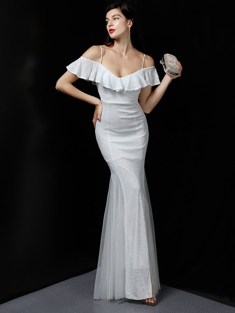 off the shoulder white sequin dress Confetti Gloss Off-Shoulder Gown