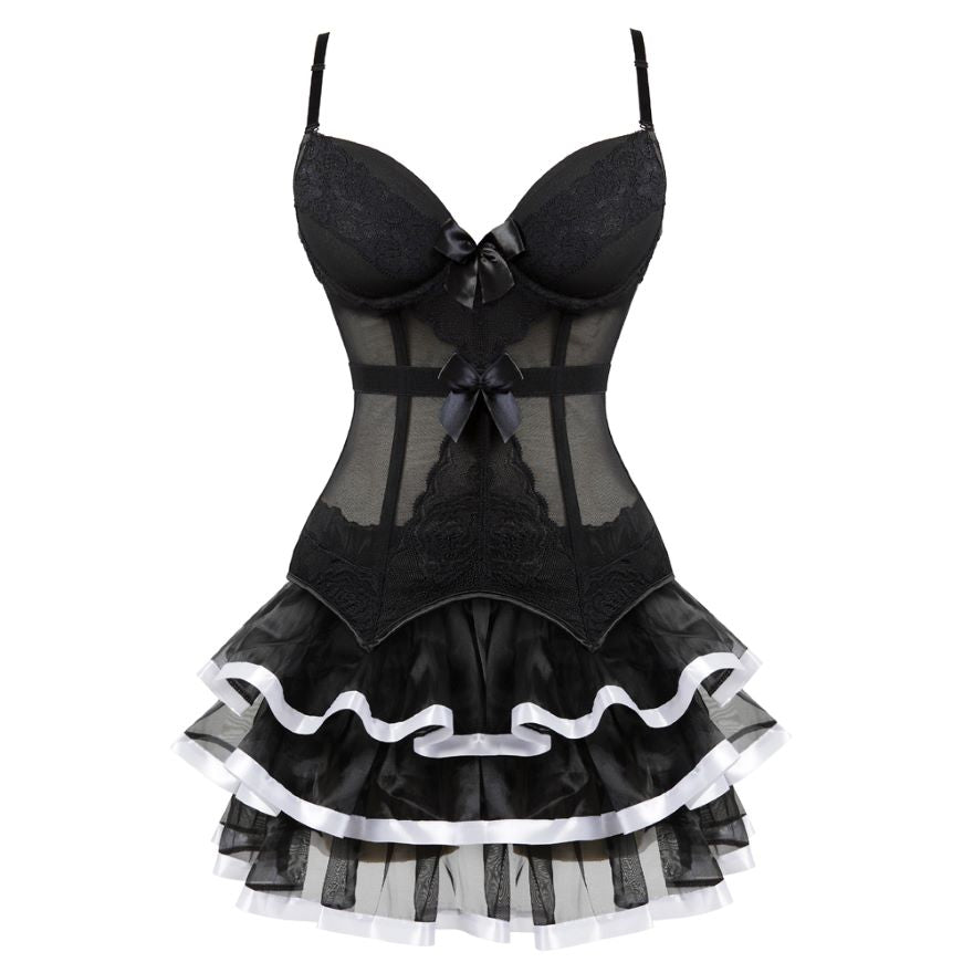 Victorian Burlesque Straps Corset Dress Women Gothic Sexy Cup Lace Corset Bustier Lingerie Top With Striped Mini Skirt Set