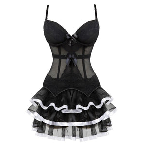 Victorian Burlesque Straps Corset Dress Women Gothic Sexy Cup Lace Corset Bustier Lingerie Top With Striped Mini Skirt Set