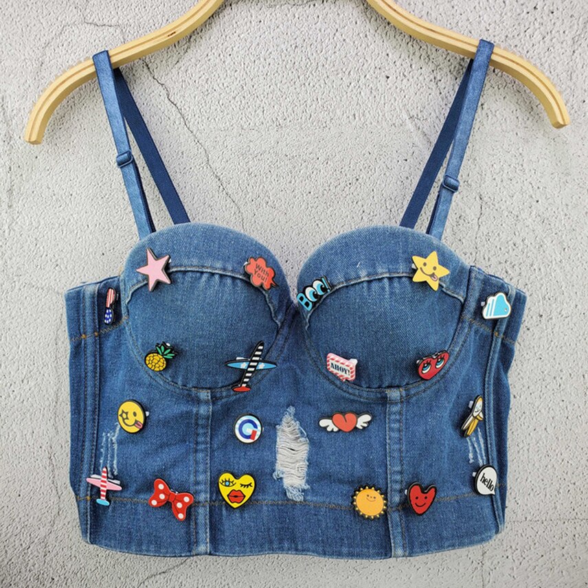 HOLE Denim Cute Appliques Crop Top To Wear Out Autumn Corset Top Women Bra Push Up Bustier