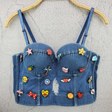 HOLE Denim Cute Appliques Crop Top To Wear Out Autumn Corset Top Women Bra Push Up Bustier
