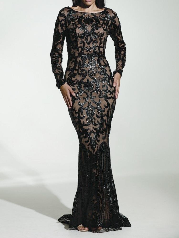 Elegant Long Sleeve Sequin Evening New Women Gold Party Maxi Dress