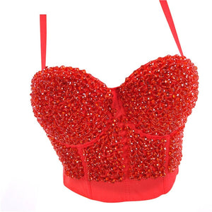 Sexy Crop Top Nightclub Show Corset Sleeveless Beads Top Women Camis Tops With Built In Bra Push Up Bralette