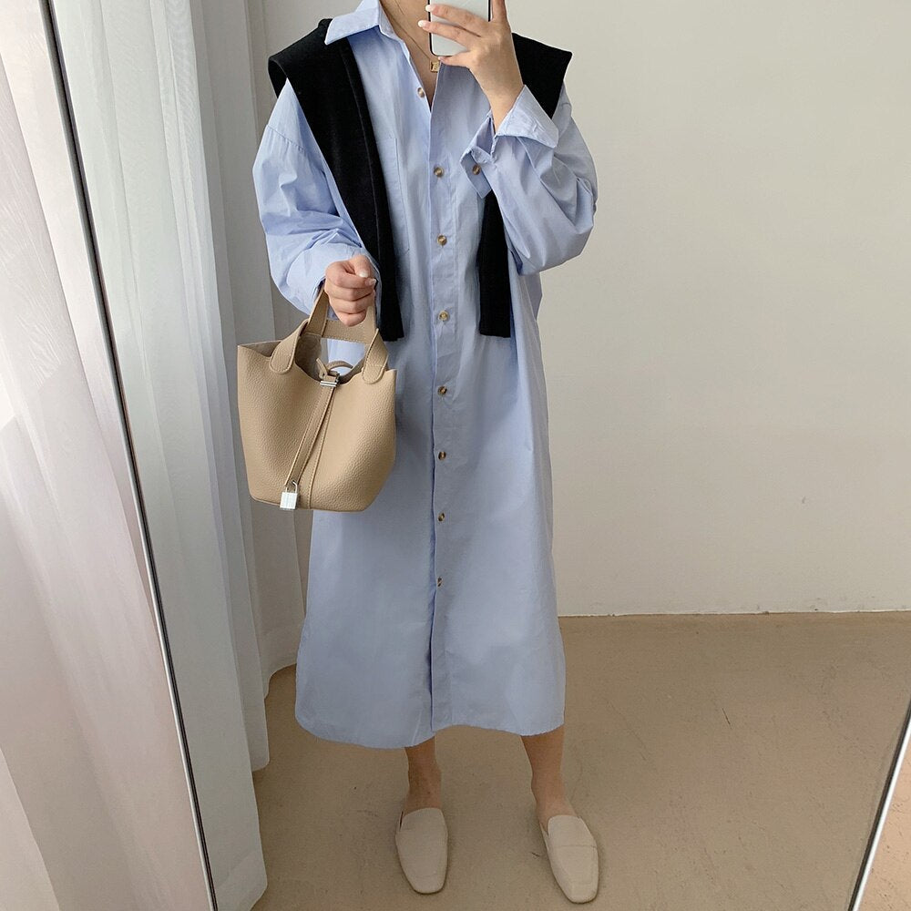 Turn-Down Collar Long Sleeve Loose Shirt Dress With Chest Pocket Butto –  FashionLoveHunter