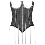 Sexy Vintage Bustiers Lace Mesh Corsets Rhinestones Shine Nightclub Party Short Women Cropped Crop Top YH588