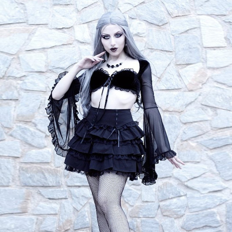 Mall Gothic Sext Velvet Ruffle T Shirt Y2K Grunge Aesthetic Black Chiffon Flare Sleeve Lace Up Tops Punk Retro Harajuku Crop Top