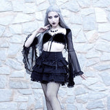 Mall Gothic Sext Velvet Ruffle T Shirt Y2K Grunge Aesthetic Black Chiffon Flare Sleeve Lace Up Tops Punk Retro Harajuku Crop Top