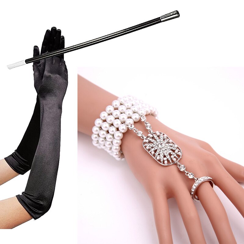 cigarette holder gloves 1920s Accessories Set Long Black Gloves Pearl Bracelet Cigarette Holde –  FashionLoveHunter