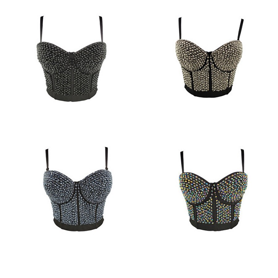 Acrylic Beads Shine Nightclub Party Tube Top With Built In Bra Push Up Bralette Crop Top Women Camis Tops