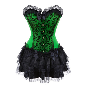 Women Sexy Lace Trim Corset Dress Victorian Vintage Floral Slim Overbust Corset Bustier Lingerie Top With Mini Pleated Skirt Set