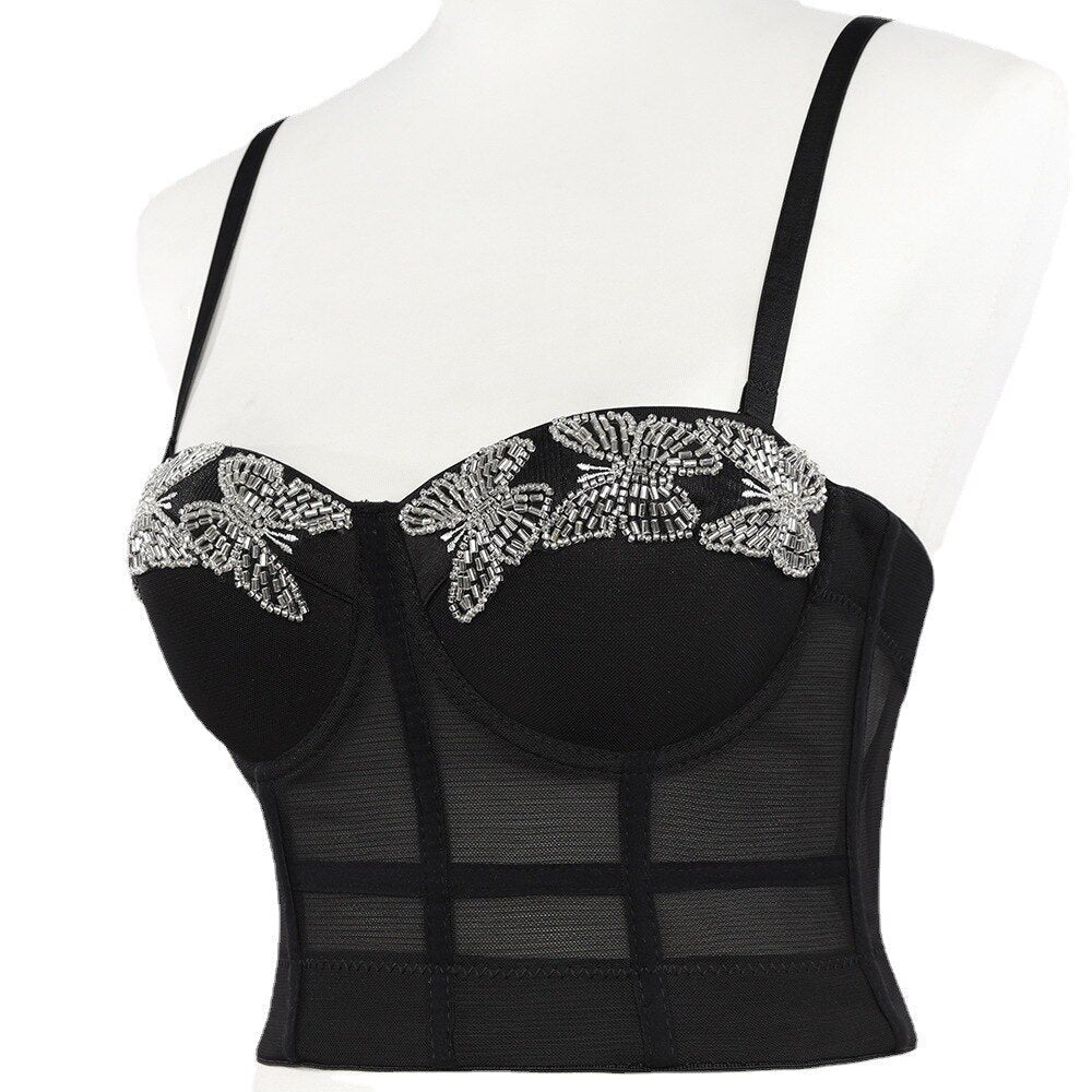 Beaded Mesh Cropped Summer Sexy Corset Party Cup Short Women Camis Built In Bra Cropped Crop Top YH1172