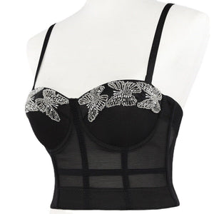 Beaded Mesh Cropped Summer Sexy Corset Party Cup Short Women Camis Built In Bra Cropped Crop Top YH1172