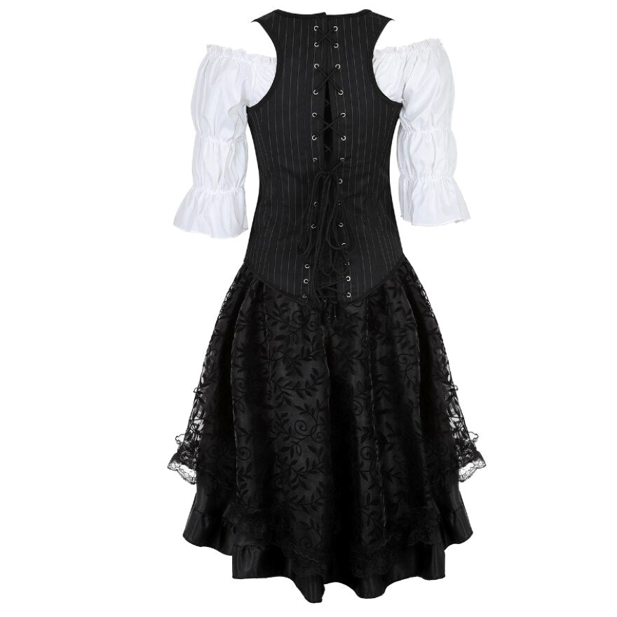 Women Gothic Corset Dress Sexy Striped Underbust Corset Vest Renaissance Blouse Asymmentrical Floral Lace Skirt Set Three-Pieces
