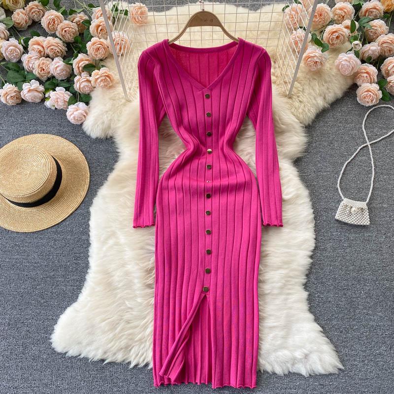 V Neck Long Sleeve Knitted Sweater Dress Winter Front Button Elegant Sexy Bodycon Midi Dress