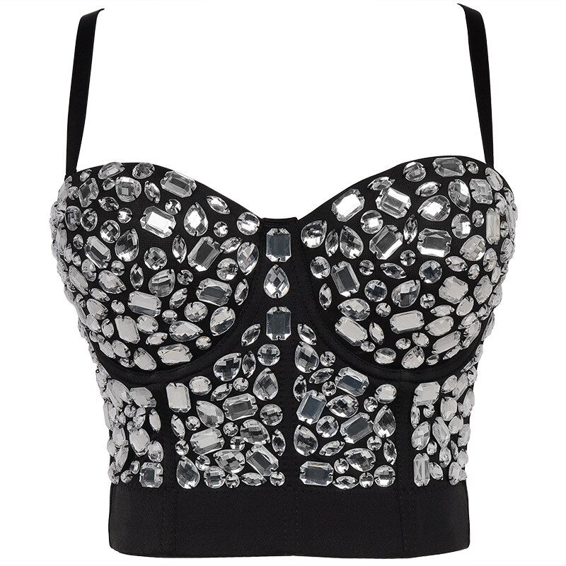 Crop Top With Built In Bra Acrylic Imitation Stones Push Up Sexy Corset Tops Performance Underwear Camisole