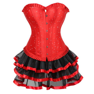 Women Victorian Sexy Corset Dress Vintage Rhinestones Satin Corset Bustier Lingerie Top With Mini Tutu Skirt Set Plus Size S-6XL