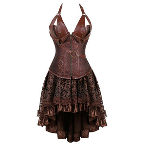 Women Steampunk Floral Lace Corset Dress Vintage Gothic Overbust Corset Bustier Lingerie Top With Asymmetrical Skirt Set Brown