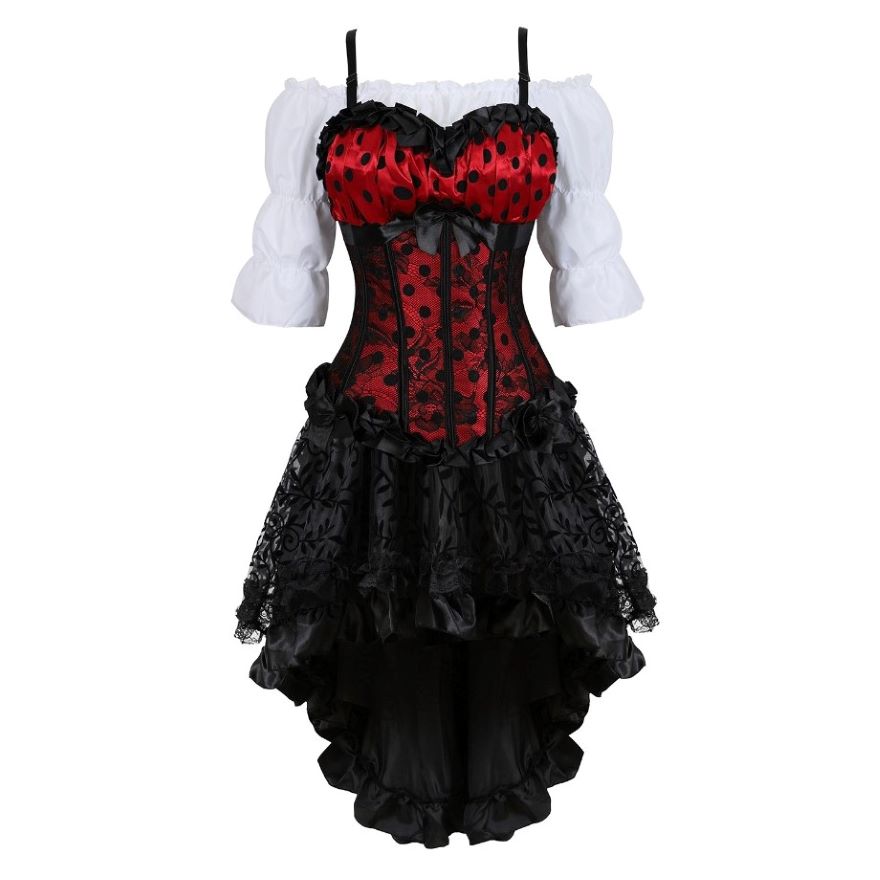 Gothic Skirt Set Underbust Corset Asymmetrical Floral Lace Skirt with Renaissance Blouse Three-Pieces Outfits Plus Size
