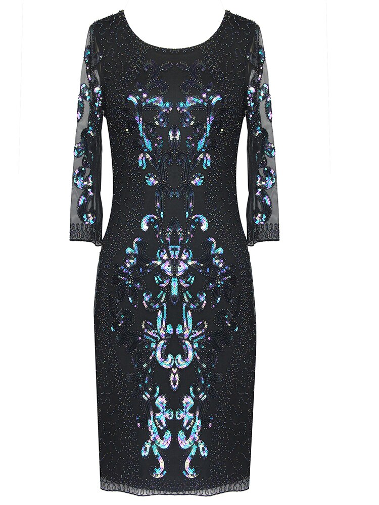 O Neck Formal Half Sleeve Women 1920s Vintage Gowns Tea Length Sequins Tulle Evening Dress