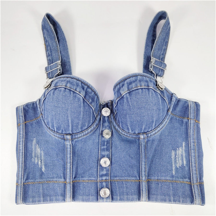 Blue Denim Crop Tank Top Fairy Sexy Summer Crop Top Women Solid Cami Tops With Built In Bra Push Up Bralette