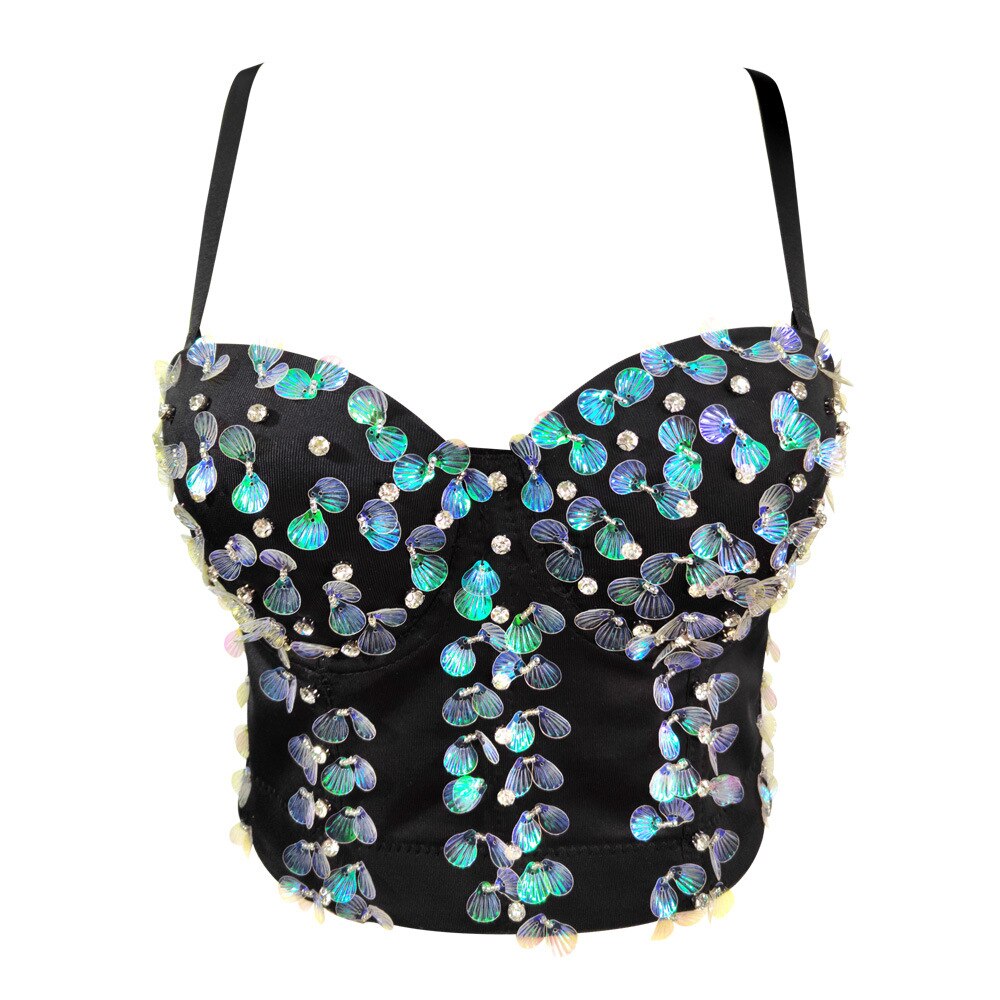 Sexy Corset With Cups Rhinestone Sequins Party Short Women Camis Crop Top In Bra Cropped YH8300
