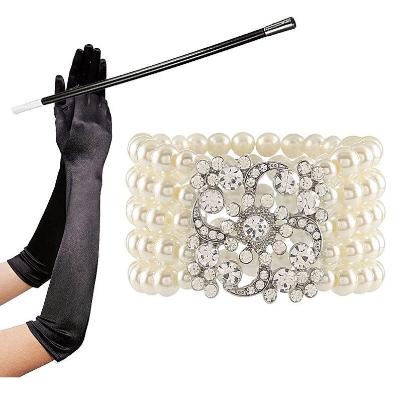 long black gloves and cigarette holder 1920s Accessories Set Long Black Gloves Pearl Bracelet Cigarette Holde –  FashionLoveHunter