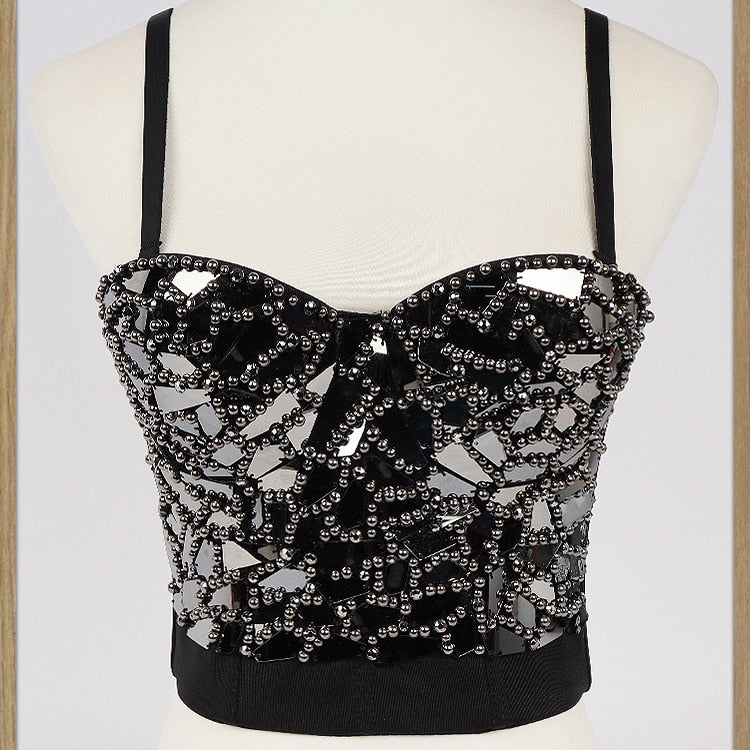 Sexy Beaded Diamond Sequins Women Camis Corset Crop Top To Wear Out Push Up Bustier Bra