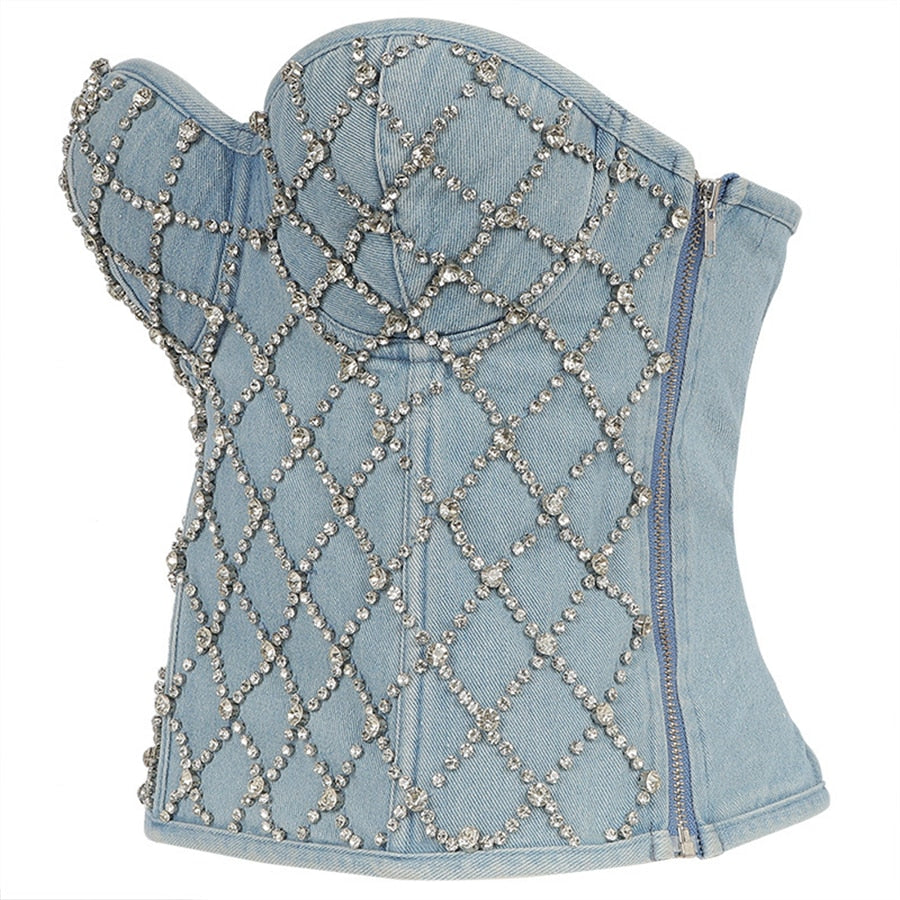 Winter Long Tube Tank Top Corset Top With Built in Bra Rhinestone Bright Off Shoulder Sexy Women Bustier