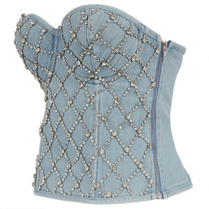 Winter Long Tube Tank Top Corset Top With Built in Bra Rhinestone Bright Off Shoulder Sexy Women Bustier
