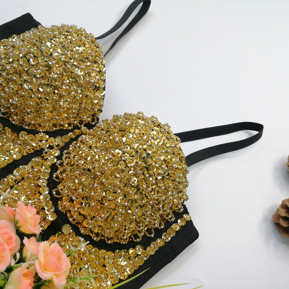 Sexy Bright Beading Sequins Nightclub Push Up Bralette Bra Cropped To Wear Out Corset Camis Crop Top