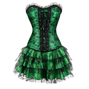 Women Vintage Floral Overbust Corset Dress Sexy Brocade Lace Up Corset Bustier Lingerie Top With Mini Pleated Skirt Set