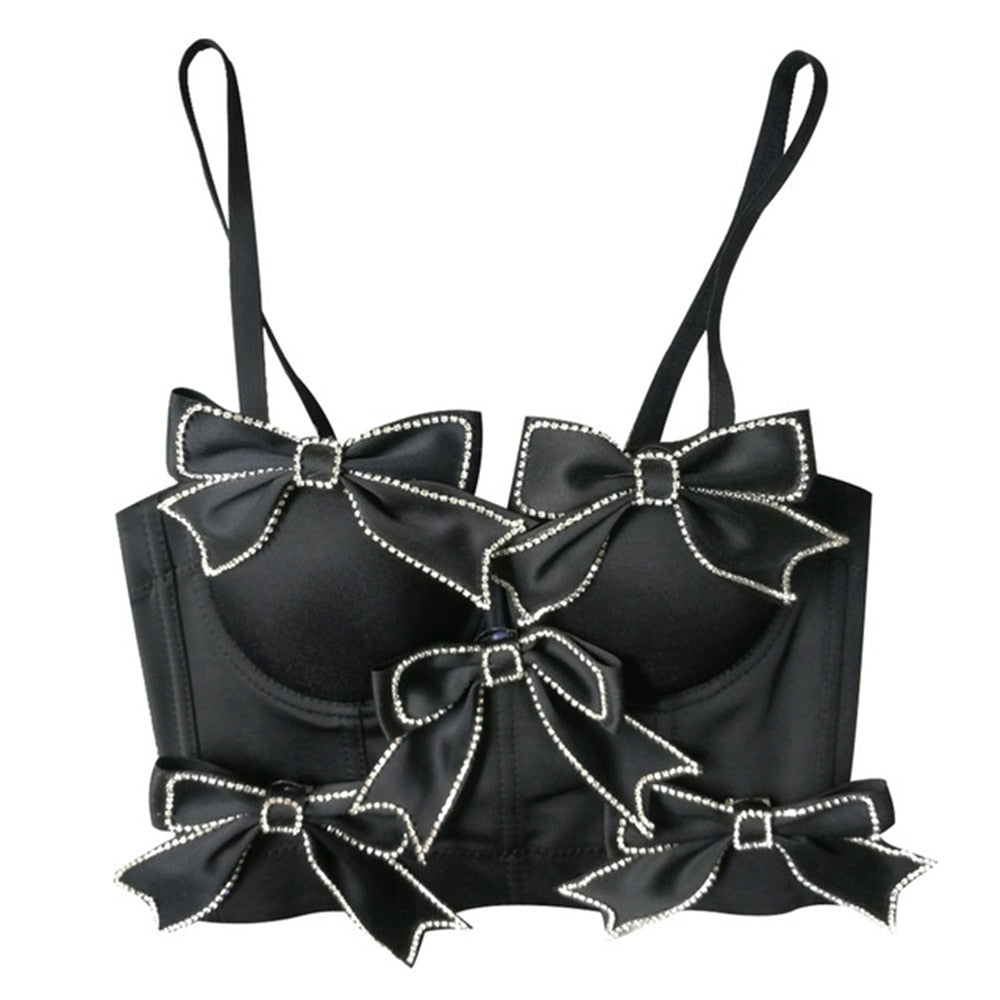 Sexy Bow Rhinestones Female Corset Nightclub Party Short Women Camis In Bra Cropped Crop Top Push Up Breast