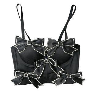 Sexy Bow Rhinestones Female Corset Nightclub Party Short Women Camis In Bra Cropped Crop Top Push Up Breast