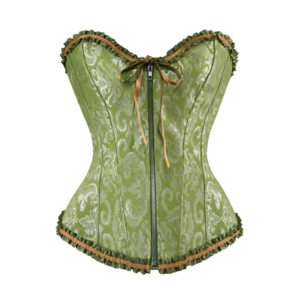 Women Sexy Floral Zipper Overbust Corset  Waist Cincher Slim Lace Up Fashion Jacquard Brocade Corset Bustier Lingerie Top