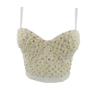 Beading Rhinestone Push Up Bustier Sexy Camis Corset Tops Built in Bra To Wear Out Performance Crop Top