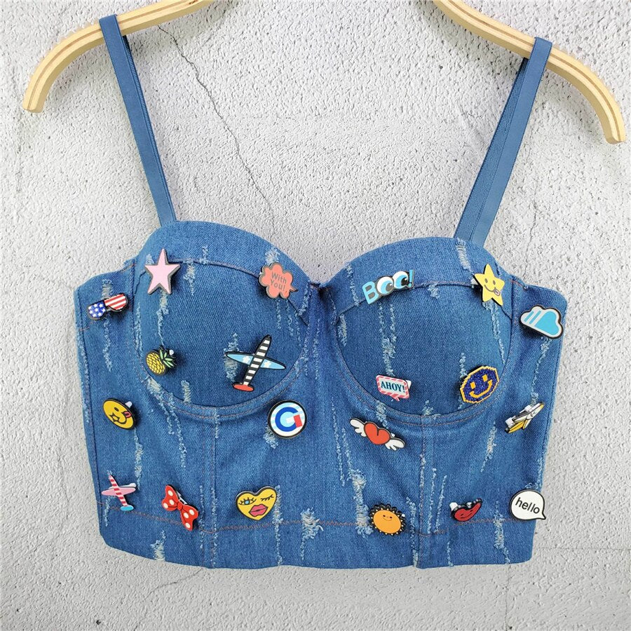 HOLE Denim Cute Appliques Crop Top To Wear Out Autumn Corset Top Women Bra Push Up Bustier