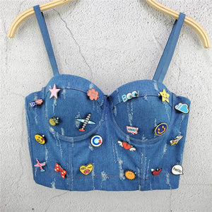 HOLE Denim Cute Appliques Crop Top To Wear Out Autumn Corset Top Women Bra Push Up Bustier